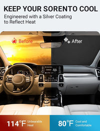 2021-2026 Kia Sorento windshield sun shade keeps car interior cool, before and after comparison