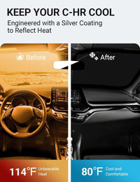 2018-2022 Toyota C-HR windshield sun shade keeps car interior cool, before and after comparison