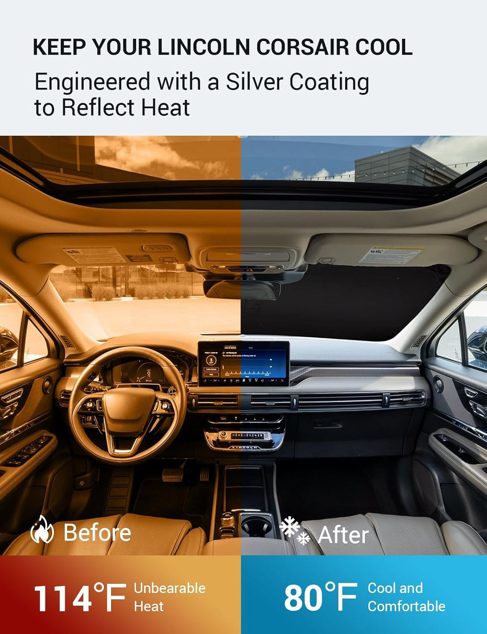 Proadsy 2025 Upgrade Windshield Sun Shade Custom Fit 2020–2023 2025 Lincoln Corsair Foldable Front Sunshade Protector Sun Visor Blocks UV Rays Keep Car Cooler