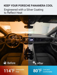 2017-2026 Porsche Panamera windshield sun shade keeps car interior cool, before and after comparison