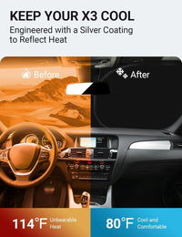 2011-2017 BMW X3 windshield sun shade keeps car interior cool, before and after comparison