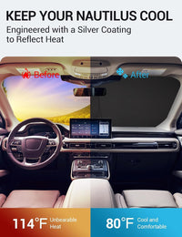 2019-2023 Lincoln Nautilus windshield sun shade keeps car interior cool, before and after comparison