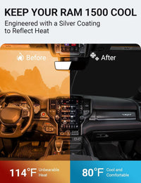 2019-2026 Dodge RAM 1500 2Dr windshield sun shade keeps car interior cool, before and after comparison