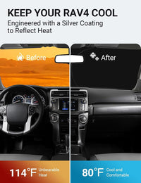 2013-2018 Toyota RAV4 windshield sun shade keeps car interior cool, before and after comparison