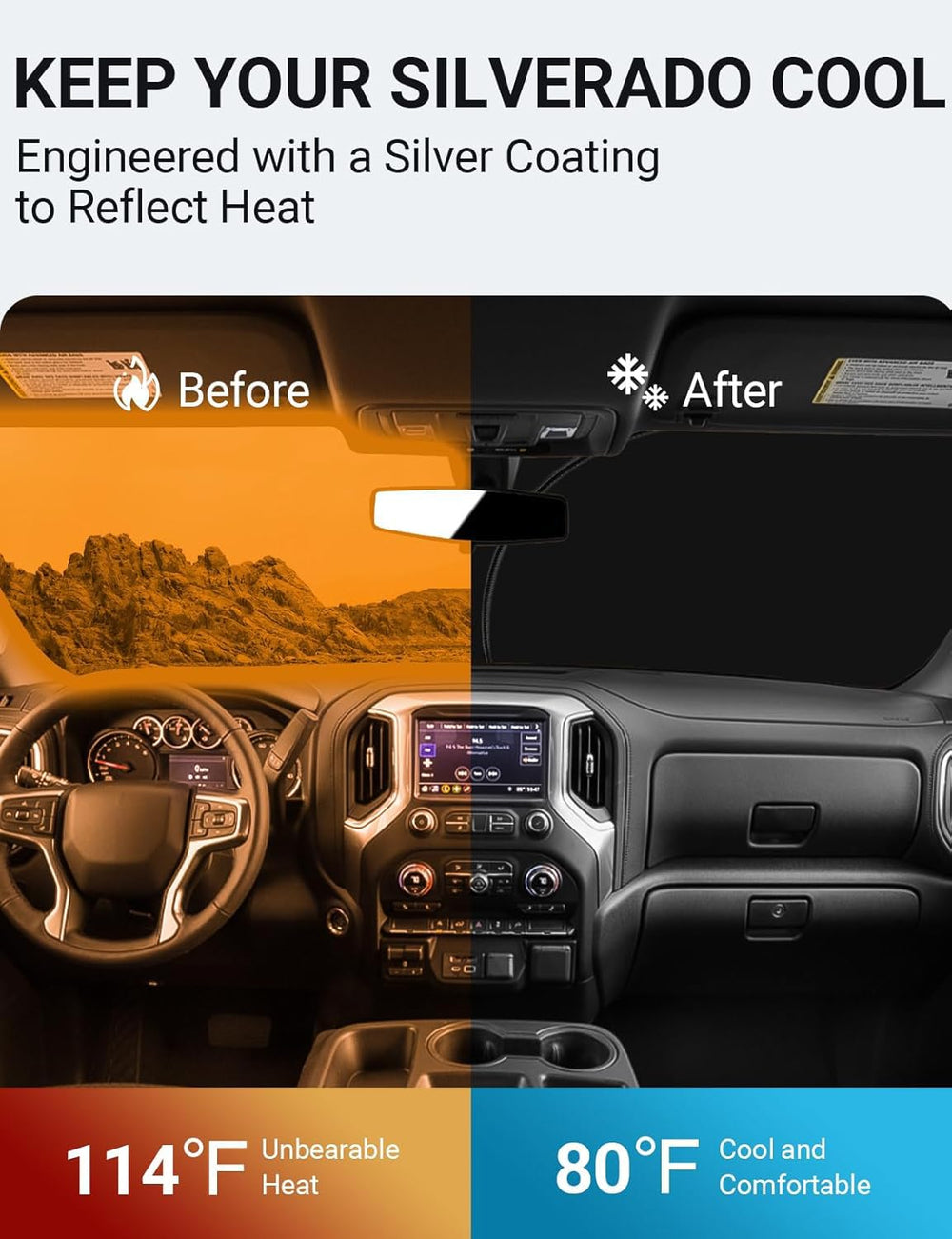 Proadsy 2025 Upgrade Windshield Sun Shade Custom Fit Chevy Silverado 1500 2Dr 4Dr 2019-2024 2025 4-Layer Foldable Front Sunshade Protector Sun Visor Blocks UV Rays Keep Car Cooler Accessories