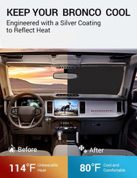 2021-2026 Ford Bronco windshield sun shade keeps car interior cool, before and after comparison