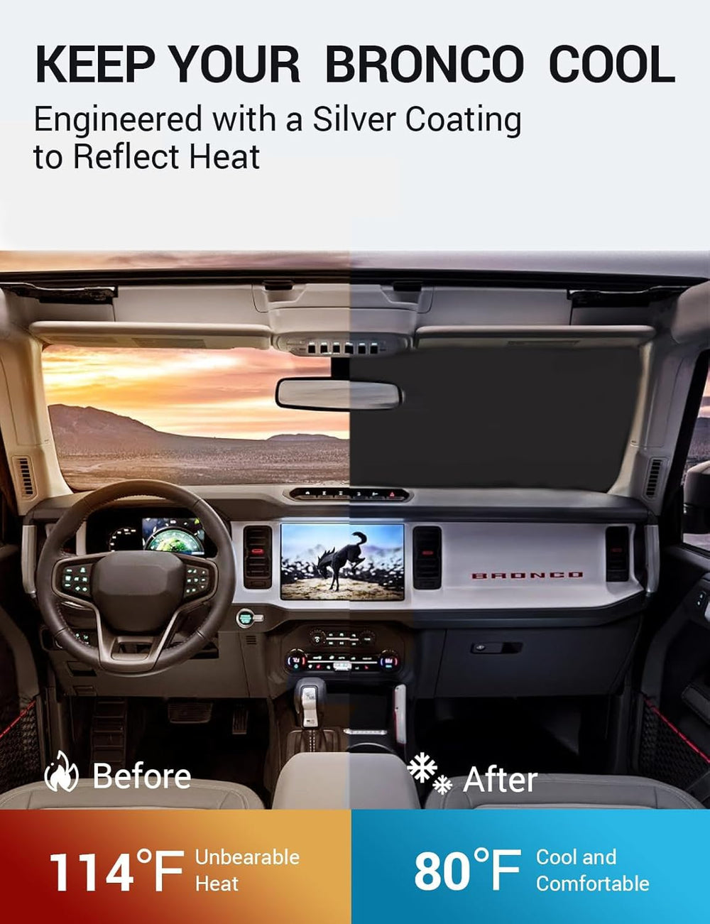 Proadsy Upgrade Windshield Sun Shade Custom Fit Ford Bronco 2/4-Door 2021-2024 2025 Foldable Front Sunshade Protector Blocks UV Rays Keep Car Cooler