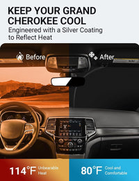 2014-2026 Jeep Grand Cherokee windshield sun shade keeps car interior cool, before and after comparison