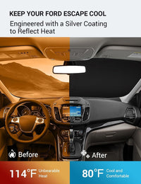 2013-2019 Ford Escape windshield sun shade keeps car interior cool, before and after comparison
