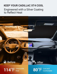 2019-2026 Cadillac XT4 windshield sun shade keeps car interior cool, before and after comparison