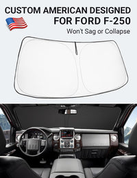 Custom American designed 2008-2016 Ford Super Duty F-250 windshield sunshade, will not sag or collapse