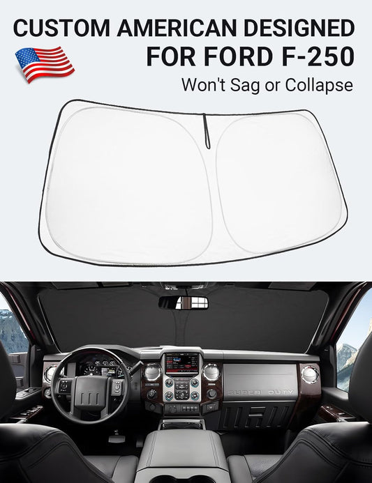 Custom American designed 2008-2016 Ford Super Duty F-250 windshield sunshade, will not sag or collapse