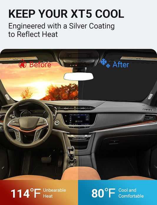 Custom American designed 2017-2026 Cadillac XT5 windshield sunshade, will not sag or collapse