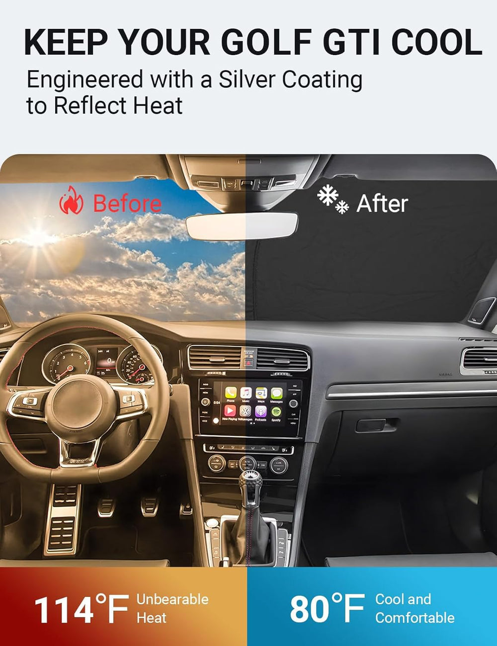 Proadsy 2025 Upgrade Windshield Sun Shade Custom Fit Volkswagen Golf GTI 2015-2021 4-Layer Foldable Front Sunshade Protector Sun Visor Blocks UV Rays Keep Car Cooler
