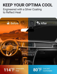 2016-2020 Kia Optima windshield sun shade keeps car interior cool, before and after comparison