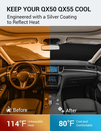 2019-2026 Infiniti QX50 & QX55 windshield sun shade keeps car interior cool, before and after comparison