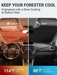 2019-2024 Subaru Forester windshield sun shade keeps car interior cool, before and after comparison