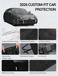 2023-2026 Subaru Solterra custom-fit car cover details: soft inner lining, waterproof exterior, windproof straps