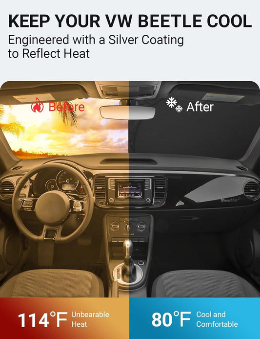 Custom American designed 2012-2019 Volkswagen Beetle windshield sunshade, will not sag or collapse