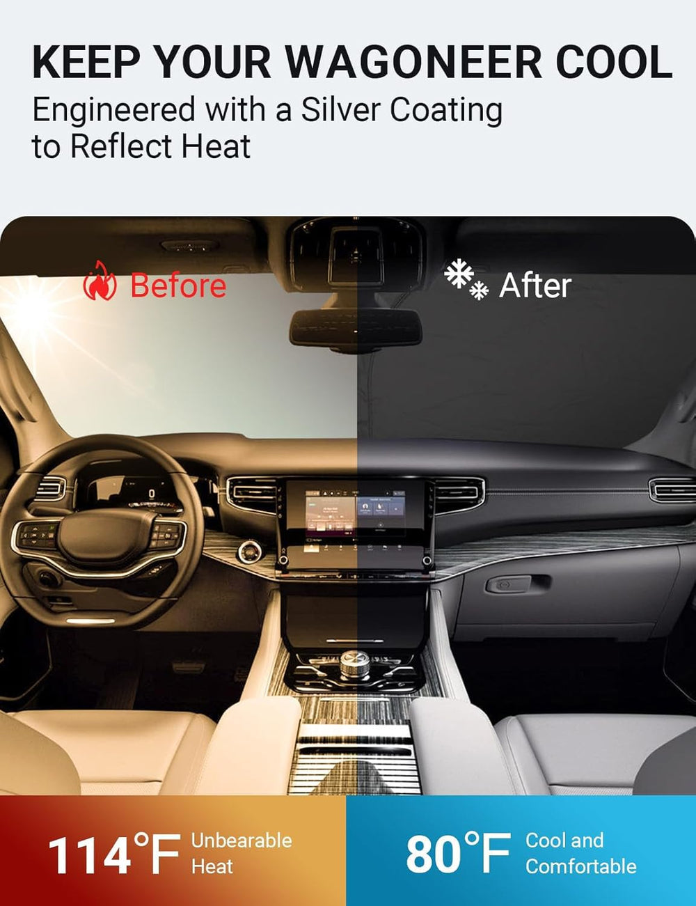 Proadsy 2025 Upgrade Windshield Sun Shade Custom Fit Jeep Wagoneer 2022-2024 2025 4-Layer Foldable Front Sunshade Protector Sun Visor Blocks UV Rays Keep Car Cooler Accessories