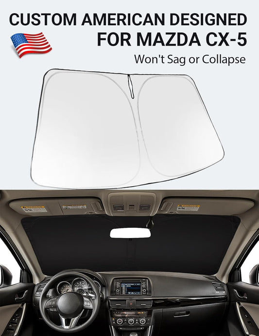 Custom American designed 2013-2016 Mazda CX-5 windshield sunshade, will not sag or collapse