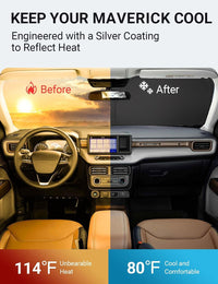 2022-2026 Ford Maverick windshield sun shade keeps car interior cool, before and after comparison