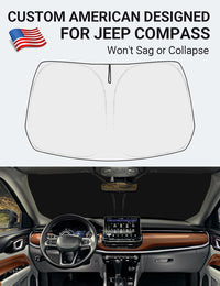Custom American designed 2017-2025 Jeep Compass windshield sunshade, will not sag or collapse