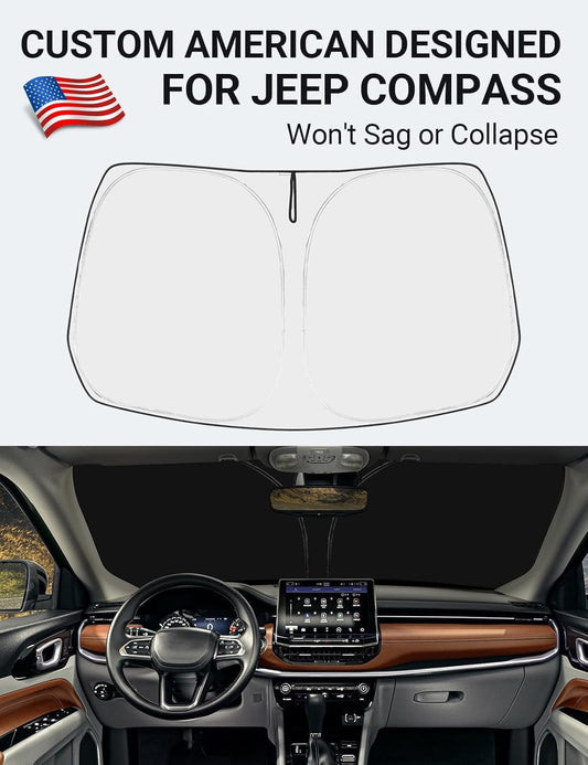 Custom American designed 2017-2025 Jeep Compass windshield sunshade, will not sag or collapse