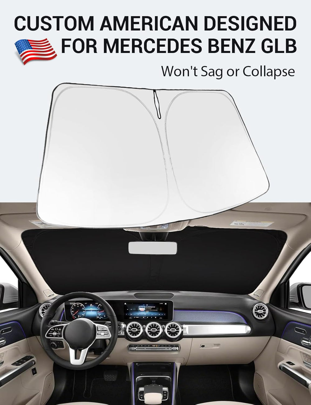 Proadsy 2025 Upgrade Windshield Sun Shade Custom Fit 2020-2023 2024 2025 Mercedes Benz GLB Foldable Front Sunshade Protector Sun Visor Blocks UV Rays Keep Car Cooler