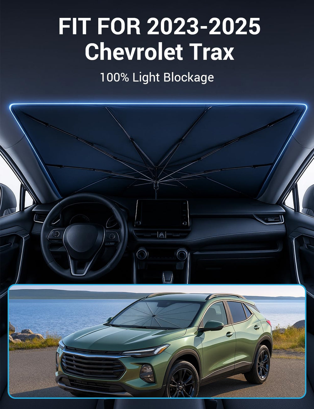 Proadsy Windshield Sun Shade Umbrella for 2024-2026 Chevrolet Trax Models LS, 1RS, LT, 2RS, ACTIV, Foldable Car Umbrella Sunshade with Soft Handle,Keeps Your Vehicle Cool,Protect Car from Rays & Heat
