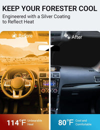 2015-2018 Subaru Forester windshield sun shade keeps car interior cool, before and after comparison