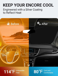 2018-2022 Buick Encore windshield sun shade keeps car interior cool, before and after comparison