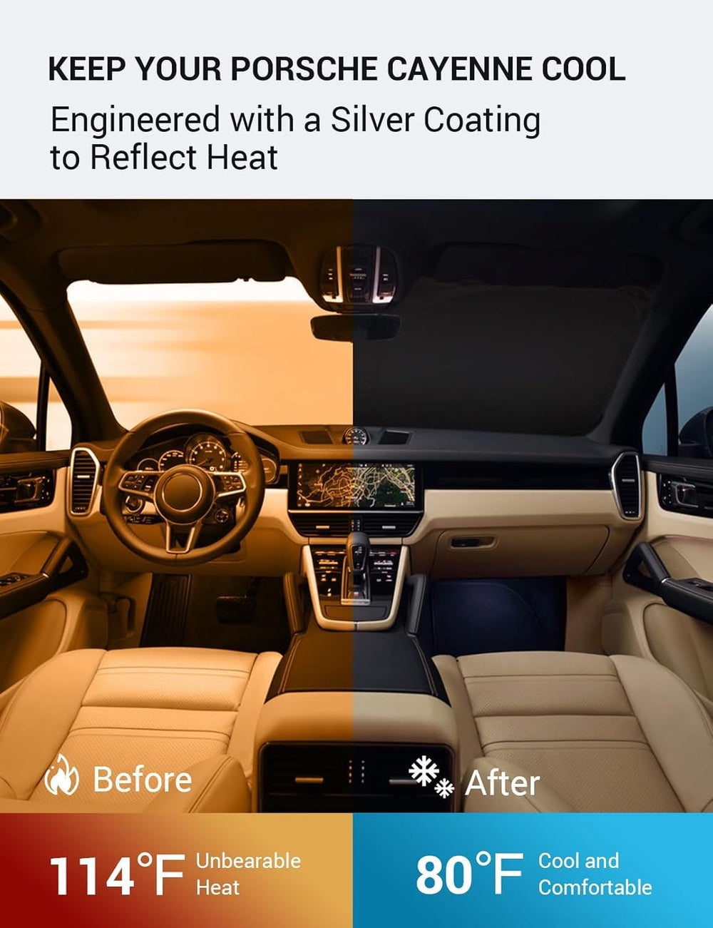 Proadsy 2025 Upgrade Windshield Sun Shade Custom Fit 2019–2023 2024 2025 Porsche Cayenne Foldable Front Sunshade Protector Sun Visor Blocks UV Rays Keep Car Cooler