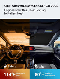 2022-2026 Volkswagen Golf GTI windshield sun shade keeps car interior cool, before and after comparison