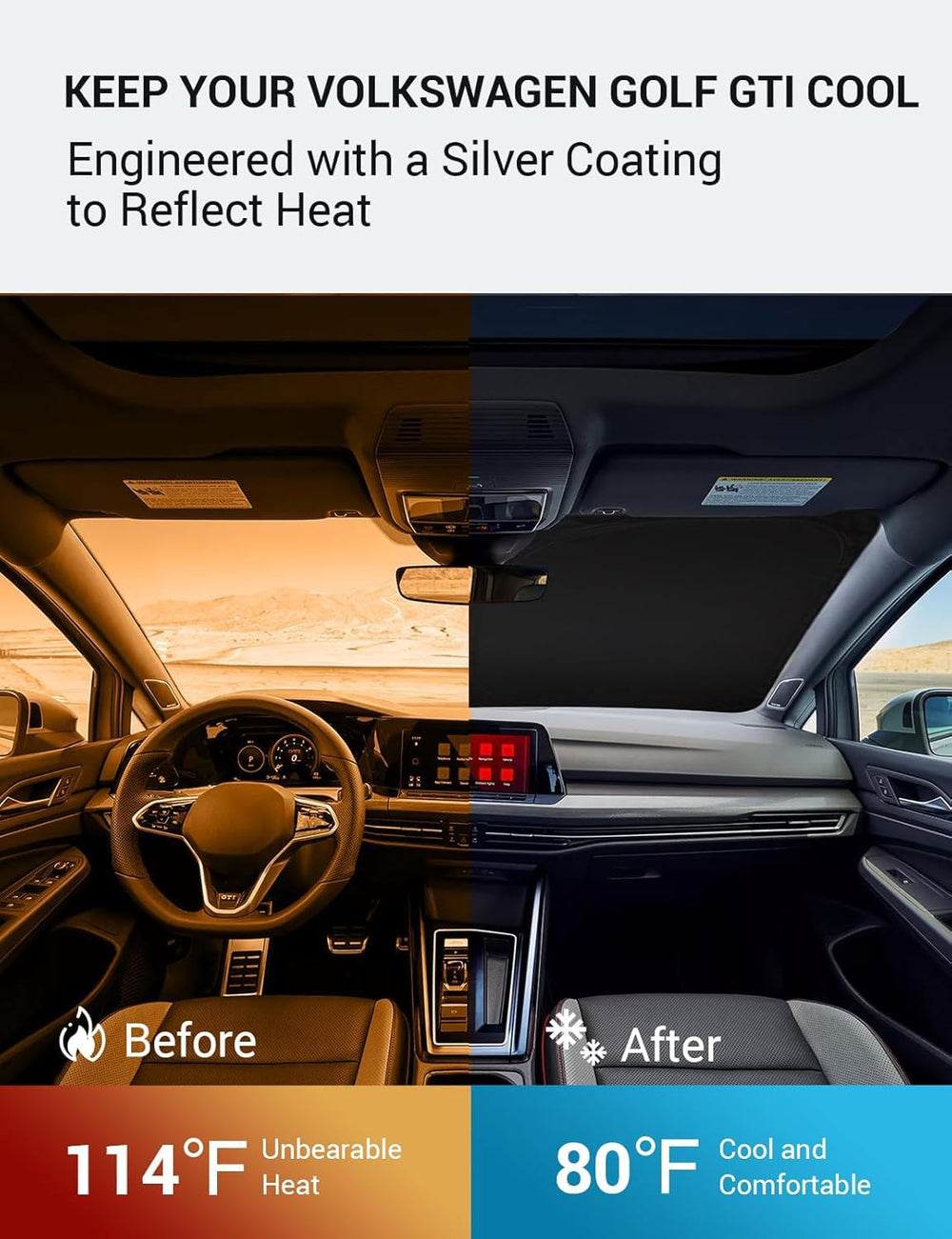 Proadsy 2025 Upgrade Windshield Sun Shade Custom Fit Volkswagen Golf GTI MK8 2022-2025 4-Layer Foldable Front Sunshade Protector Sun Visor Blocks UV Rays Keep Car Cooler