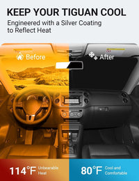 2009-2017 Volkswagen Tiguan windshield sun shade keeps car interior cool, before and after comparison