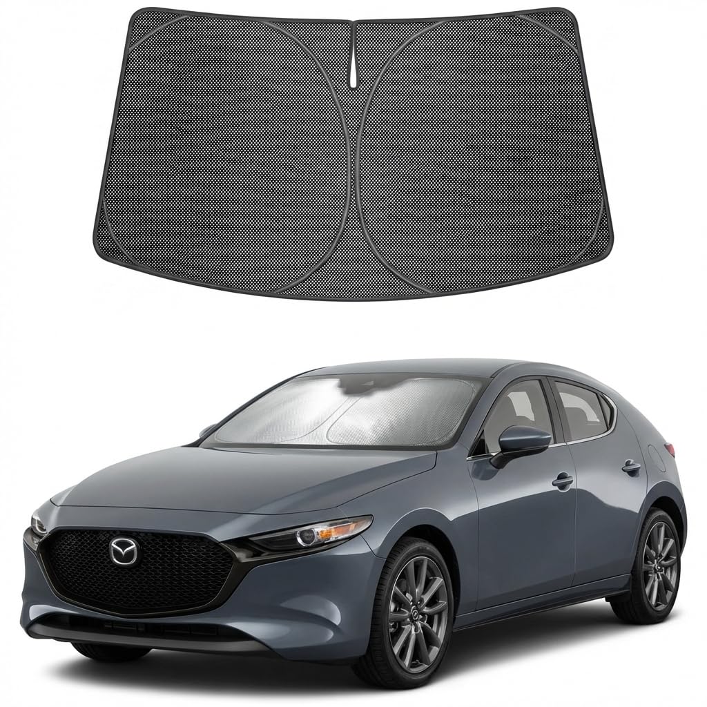 Proadsy Windshield Sun Shade Custom Fit Mazda 3 2019-2026 Ice Crystal Black Front Window Sunshade UV and Heat Blocker Foldable Visor Keeps Car Cooler for Summer Parking and Daily Use