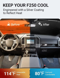 2017-2026 Ford Super Duty F-250 windshield sun shade keeps car interior cool, before and after comparison