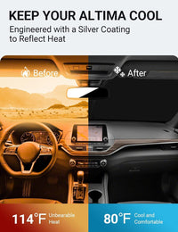 2019-2026 Nissan Altima windshield sun shade keeps car interior cool, before and after comparison