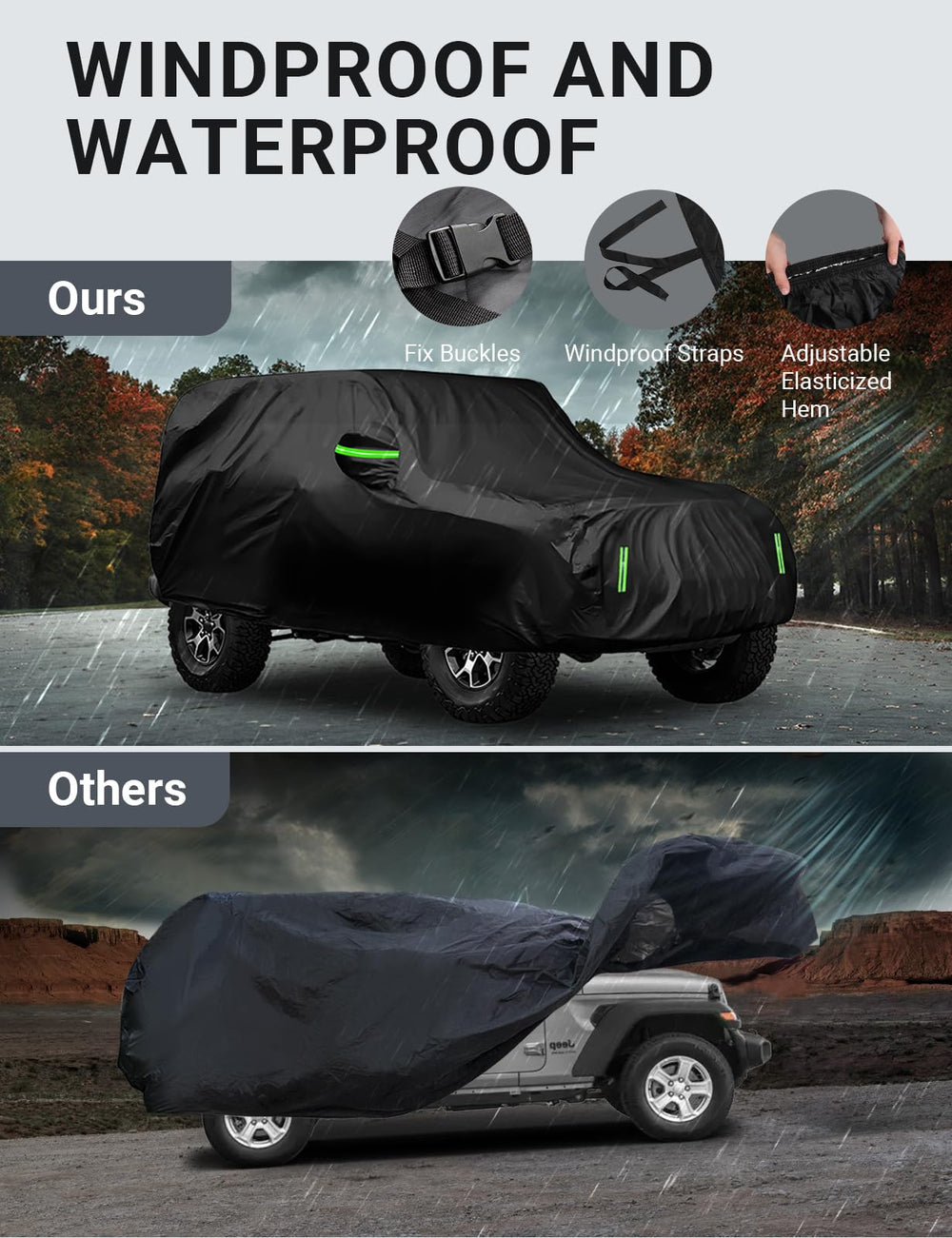 Proadsy 6 Layers Car Cover Custom Fit for Jeep Wrangler 4 Door JK JL YJ TJ 2018-2024 2025 Windproof All Weather Waterproof Sun Rain UV Dust Snow Protection Outdoor Covers