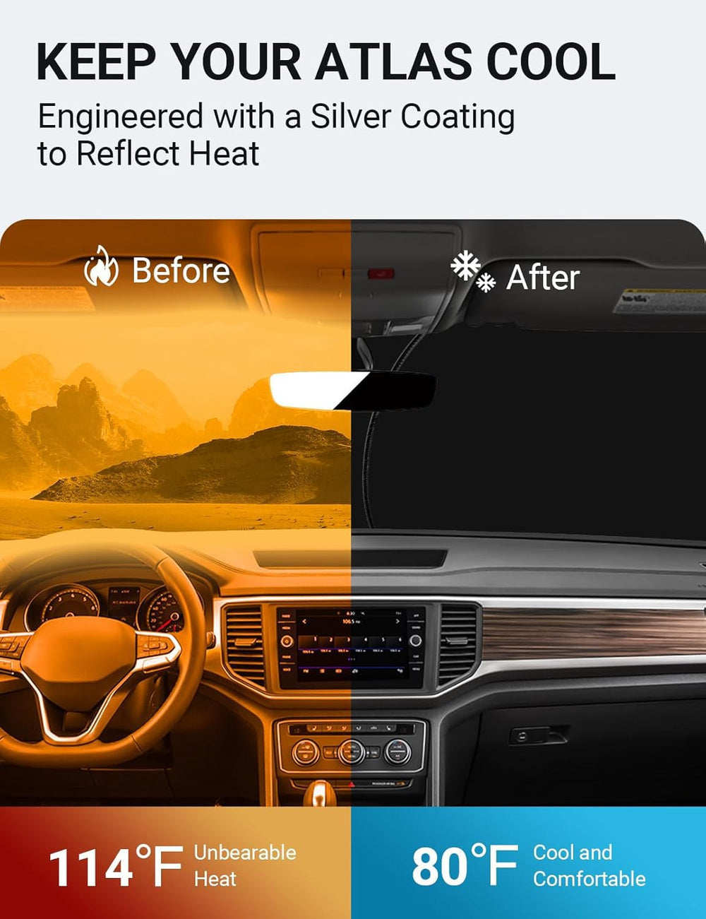 Proadsy 2025 Upgrade Windshield Sun Shade Custom Fit Volkswagen Atlas 2018-2024 2025 4-Layer Foldable Front Sunshade Protector Sun Visor Blocks UV Rays Keep Car Cooler