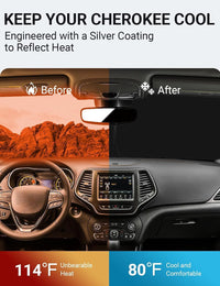 2014-2023 Jeep Cherokee windshield sun shade keeps car interior cool, before and after comparison