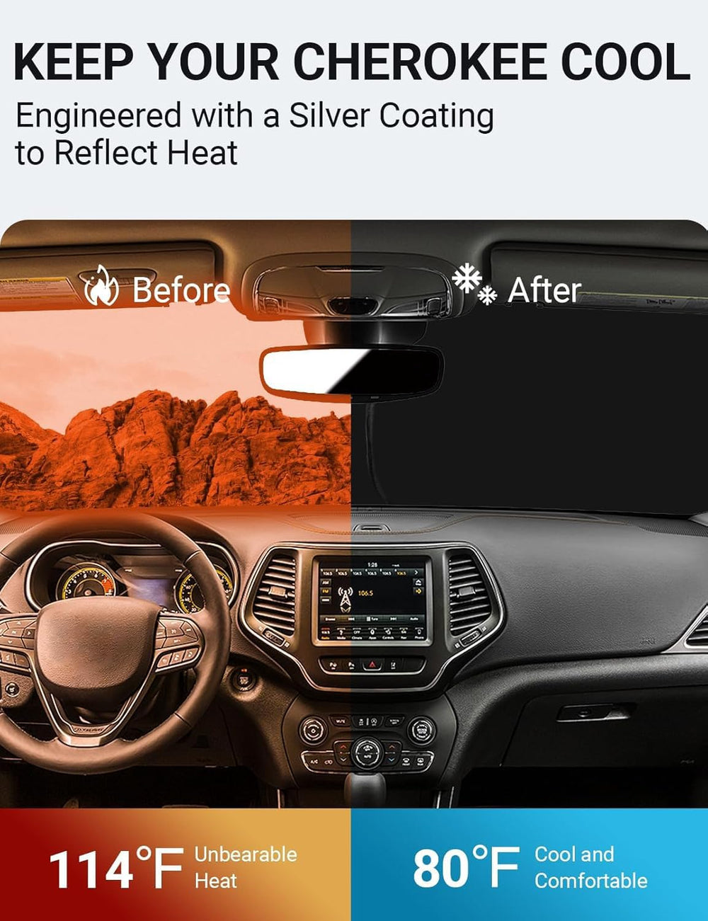 Proadsy 2026 Upgrade Windshield Sunshade Custom for Jeep Cherokee 2014-2025 (Not for Jeep Grand Cherokee) Reflective Heat Sun UV Protector Foldable Front Window Shade Accessories