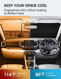 2020-2026 Hyundai Venue windshield sun shade keeps car interior cool, before and after comparison