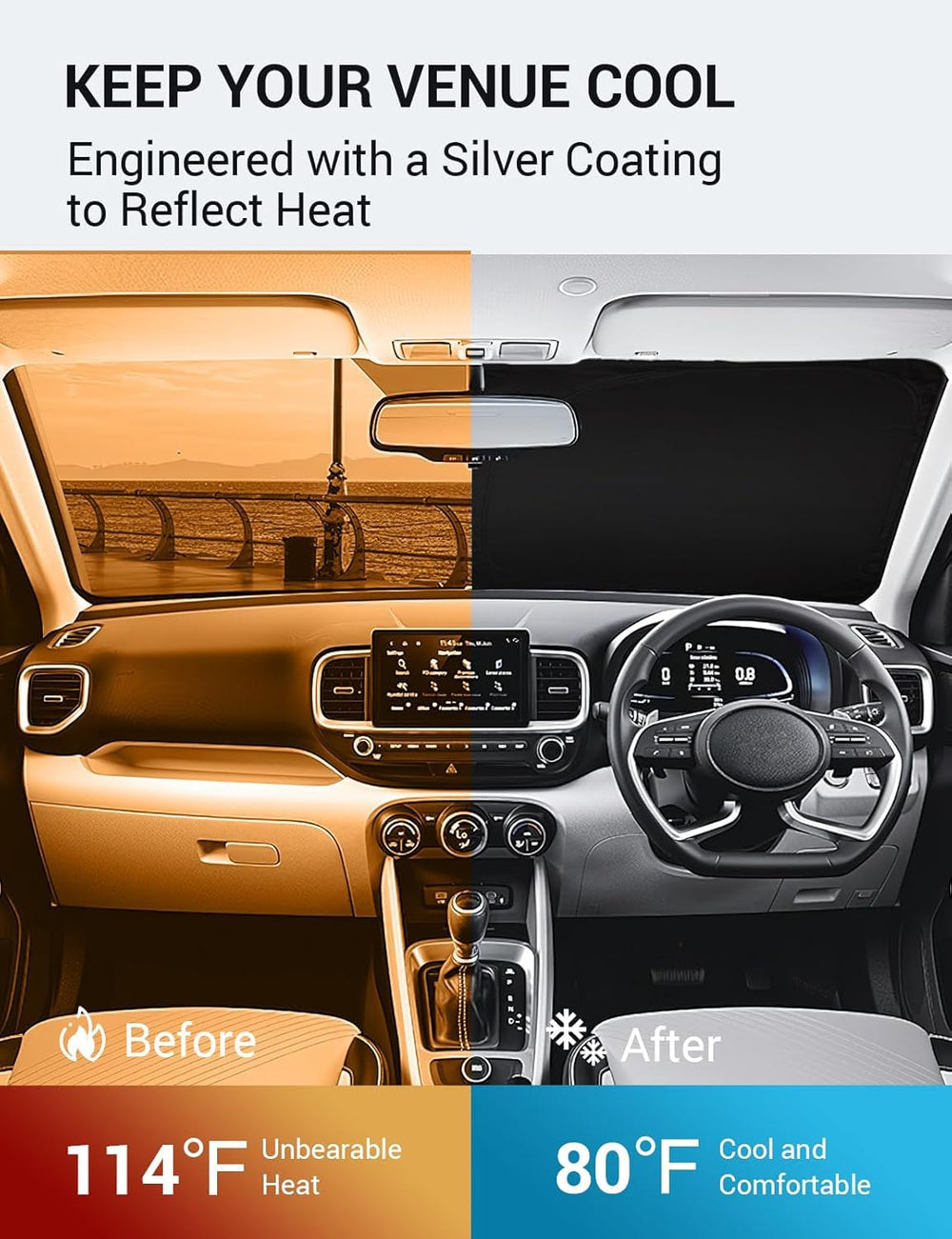 Proadsy 2025 Upgrade Windshield Sun Shade Custom Fit 2020-2023 2024 2025 Hyundai Venue Foldable Front Sunshade Protector Sun Visor Blocks UV Rays Keep Car Cooler