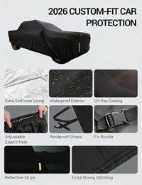 2008-2026 Ford F-150 custom-fit car cover details: soft inner lining, waterproof exterior, windproof straps