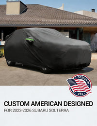 Custom fit 2023-2026 Subaru Solterra car cover on car, American designed full exterior protection