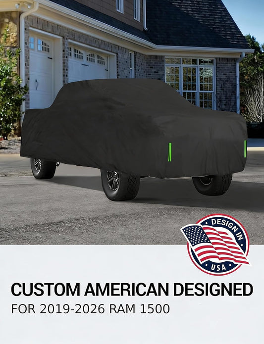 Custom fit 2019-2026 Ram 1500 Crew 5.7' car cover on car, American designed full exterior protection