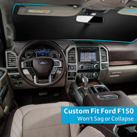2015-2020 Ford F-150 windshield sun shade – custom fit in the F-150 cab, shade installed behind the windshield