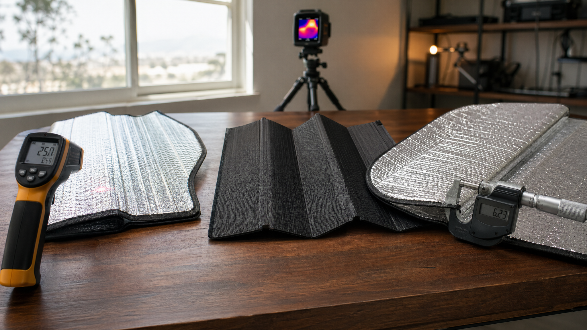Three folded sunshades laid out in a row on a walnut workbench with calipers and IR thermometer